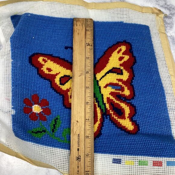 Vtg Butterfly Needlepoint Tapestry Panel Canvas Blue Red Yellow 9.25" x 8-3/4" - Picture 6 of 6